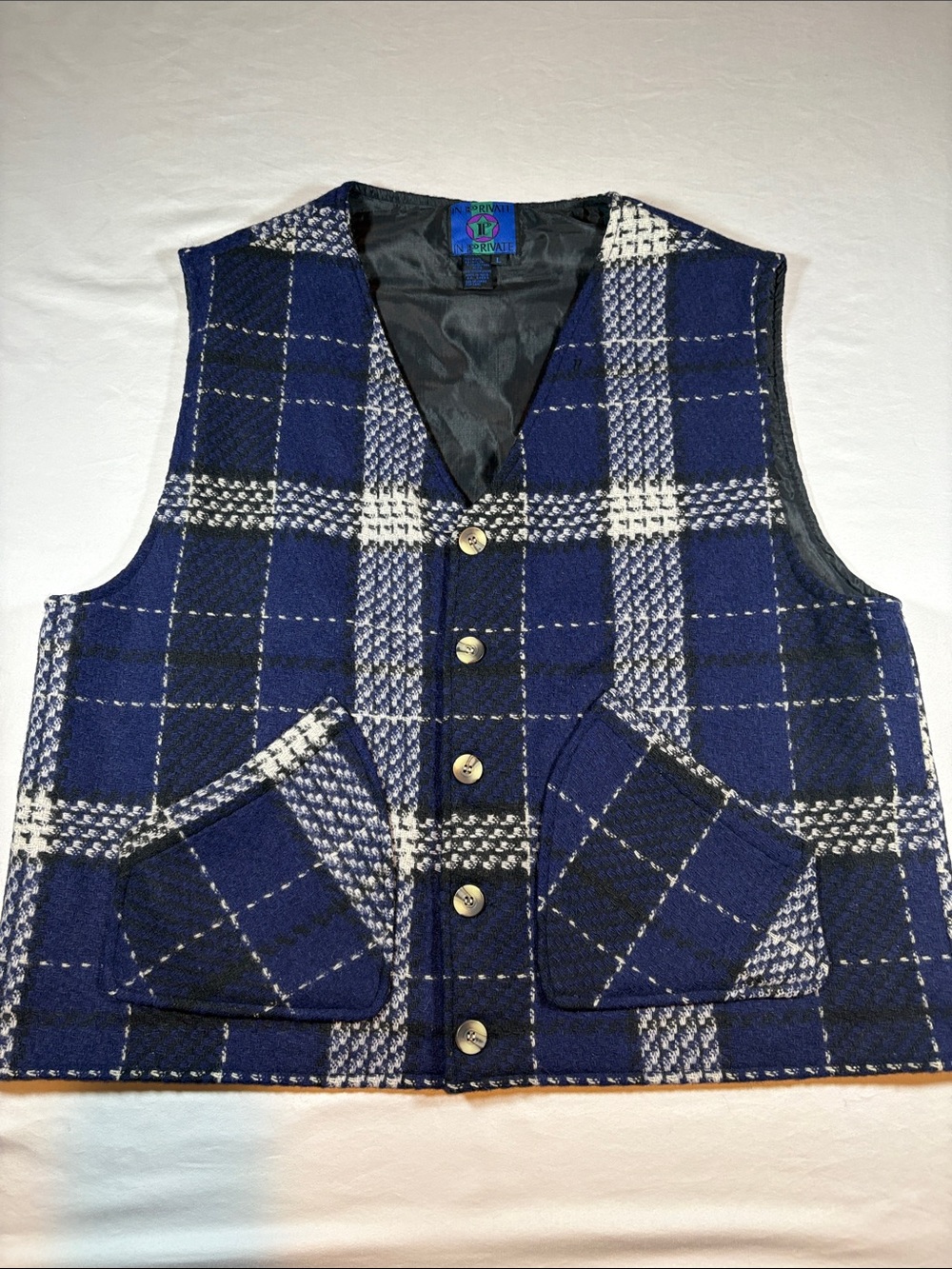 Vintage Men’s In Private Blue Plaid Wool Blend Button Up Outerwear Vest L